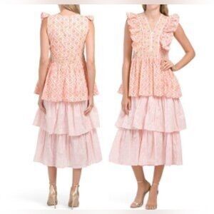 NWT XS MAREA THE FIESTA MIDI pink tiered whimsical Milkmaid embroidered dress